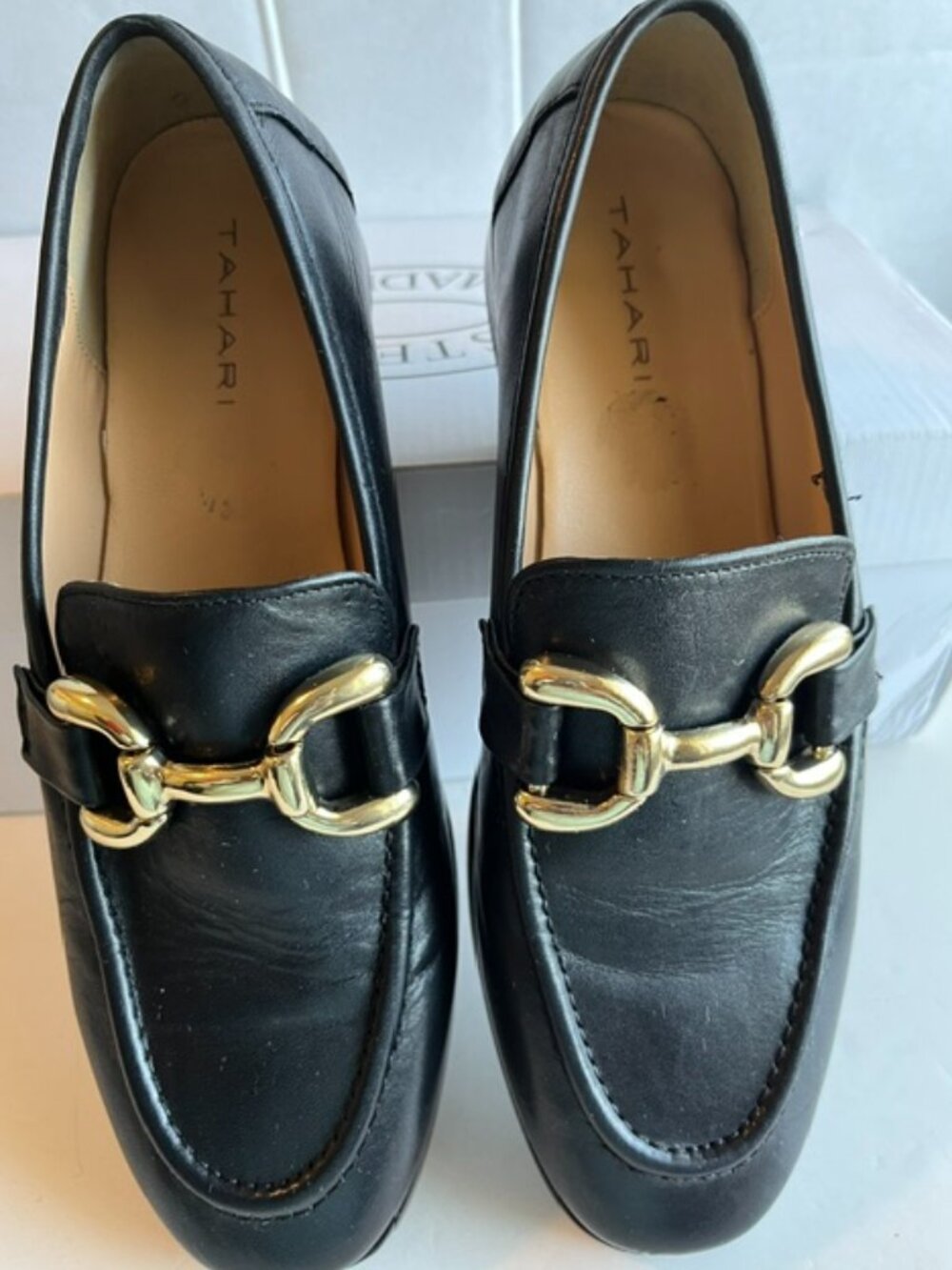 Tahari classic black leather loafer.